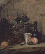 Jean Baptiste Simeon Chardin Silver wine bottle grapes peaches plums and pears oil painting reproduction